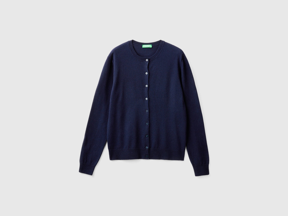 Cardigan girocollo blu scuro in pura lana Merino