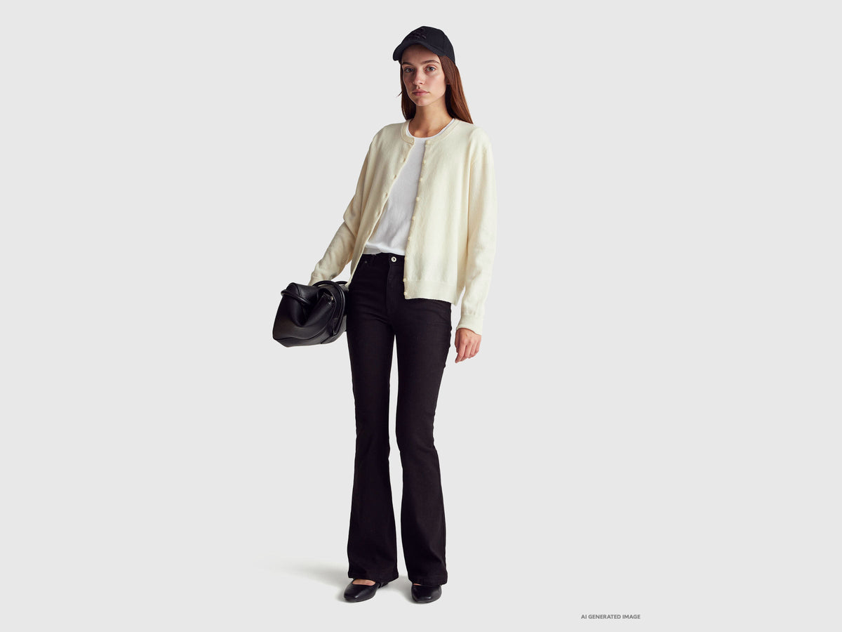 Cardigan girocollo panna in pura lana Merino
