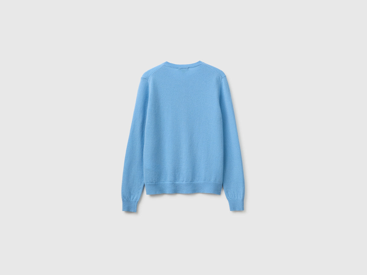 Cardigan girocollo azzurro in pura lana Merino