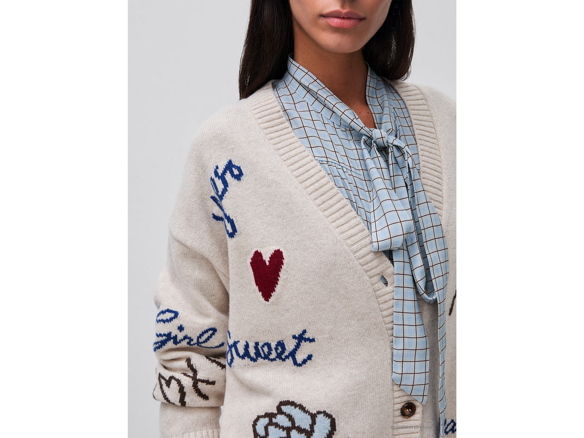Cardigan 100% lana con intarsio floreale