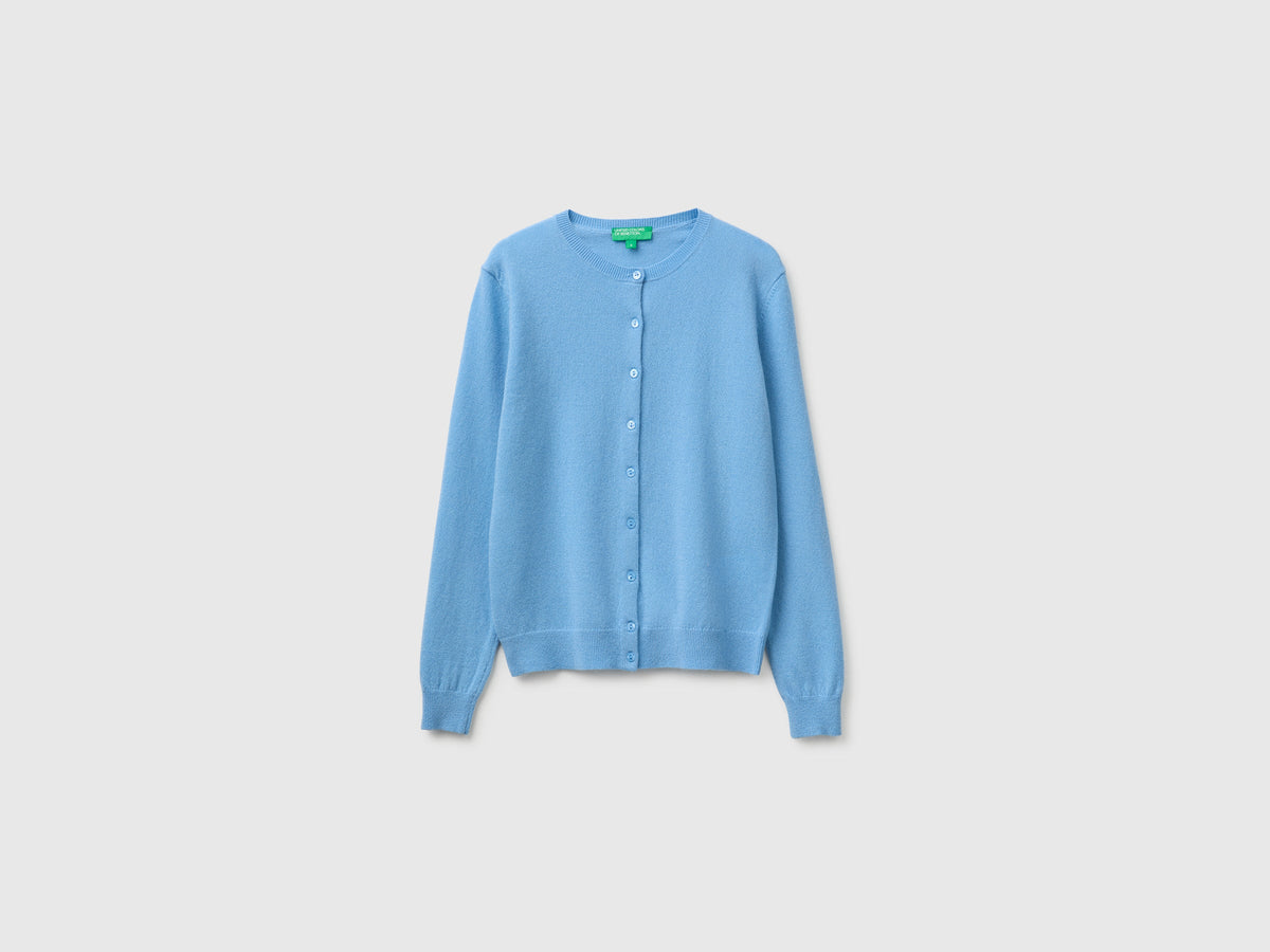 Cardigan girocollo azzurro in pura lana Merino