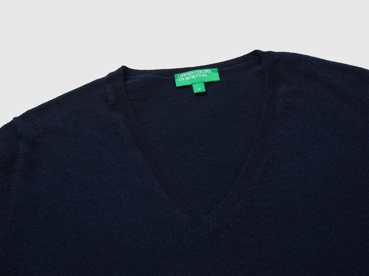 Maglia scollo a V blu in pura lana Merino
