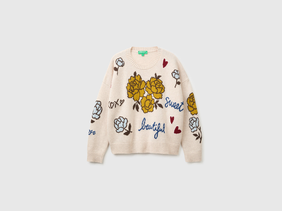 Maglia 100% lana con intarsio floreale