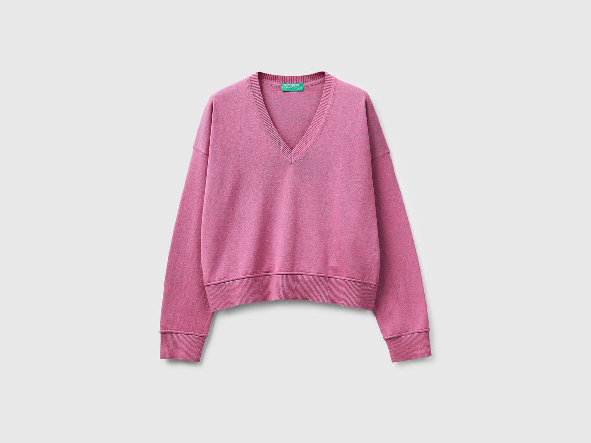 Maglia scollo a V in cotone e lana