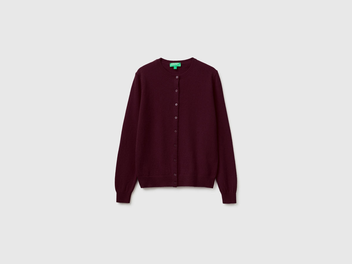 Cardigan girocollo prugna in pura lana Merino