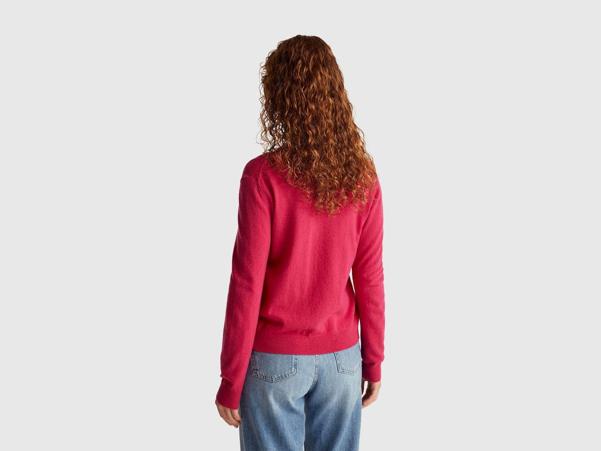 Cardigan girocollo fucsia in pura lana Merino