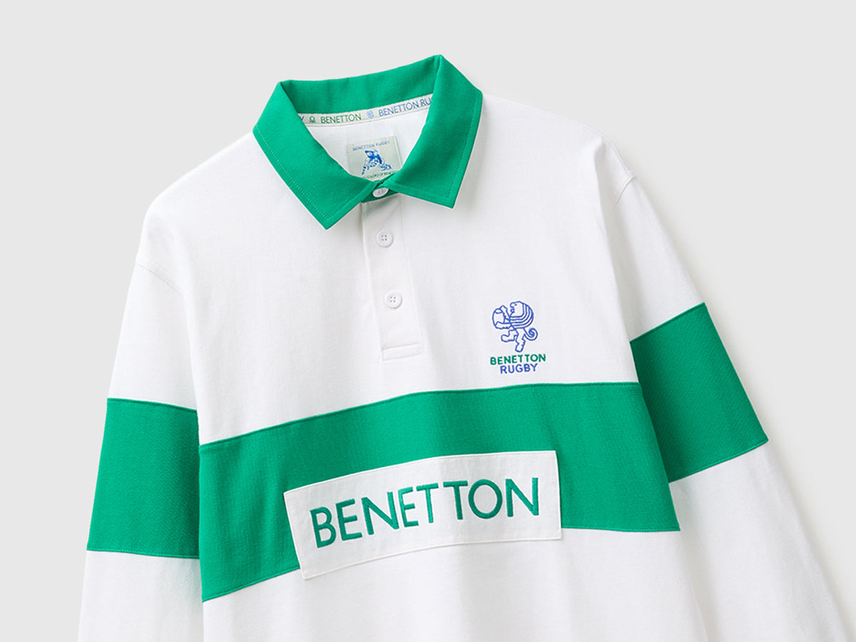 Polo bianca e verde Benetton Rugby 100% cotone