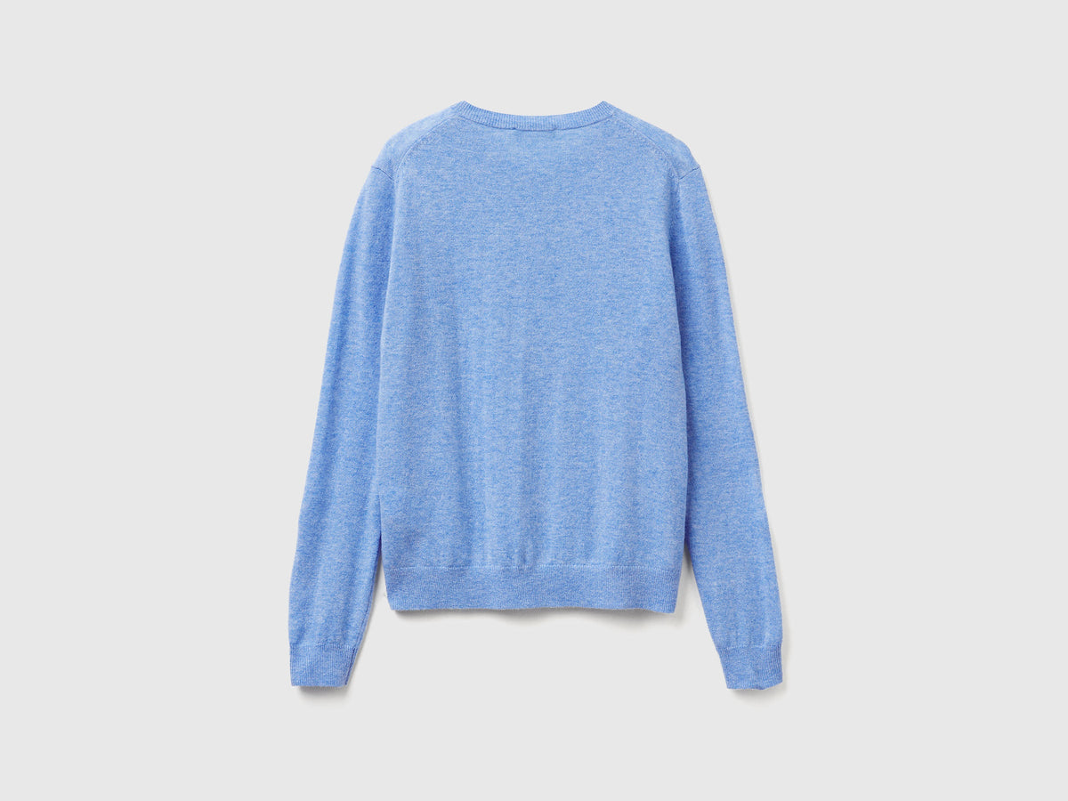 Cardigan girocollo azzurro in pura lana Merino