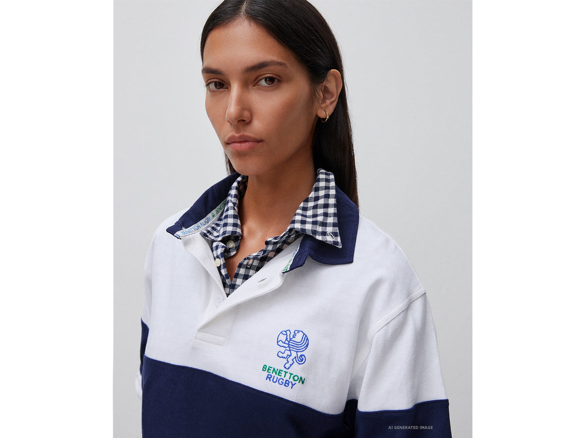 Polo bianca e blu Benetton Rugby 100% cotone