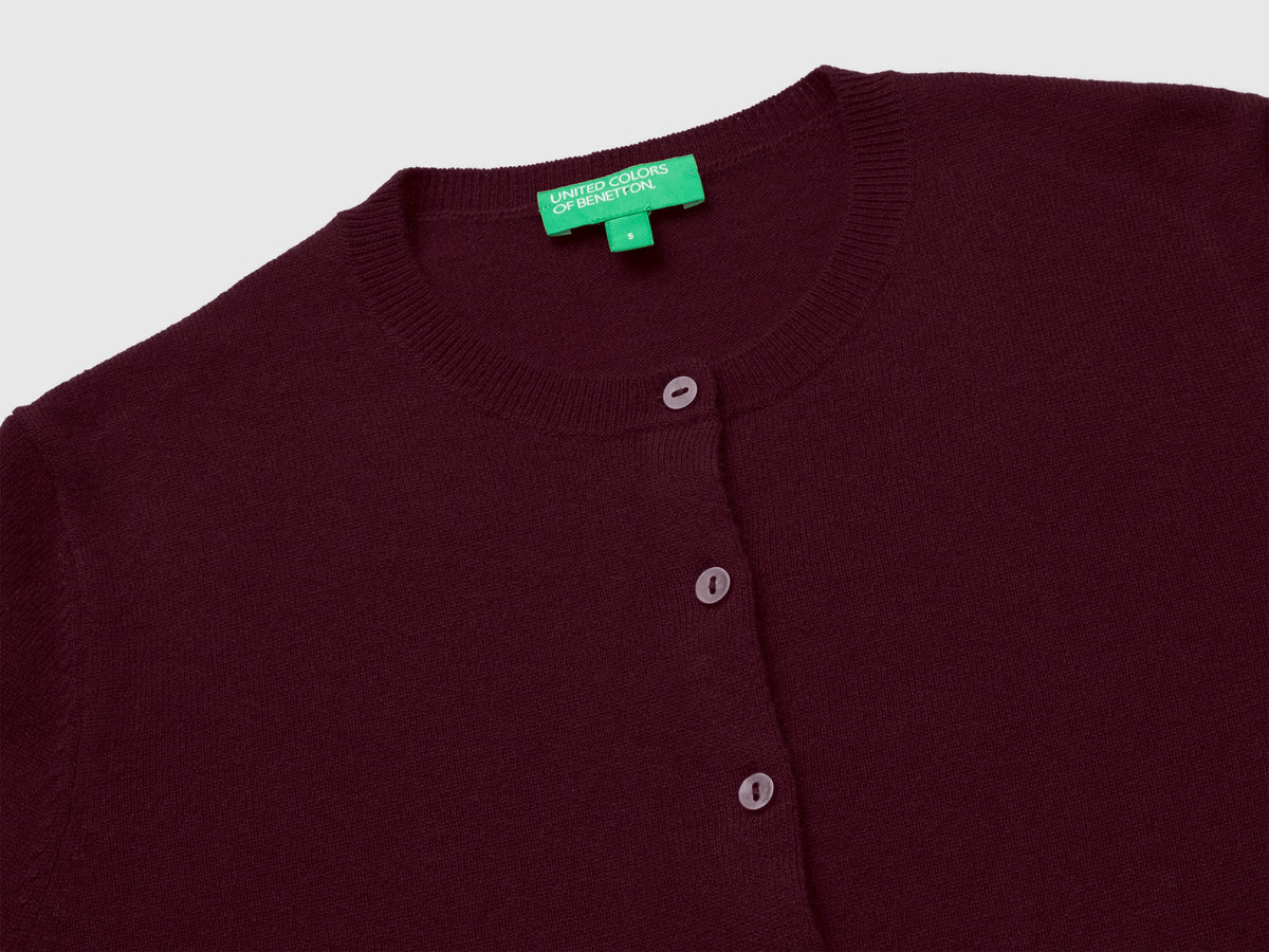Cardigan girocollo prugna in pura lana Merino