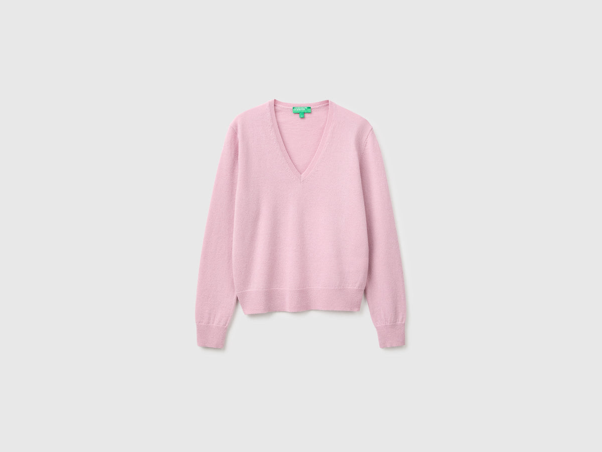 Maglia scollo a V lilla in pura lana Merino