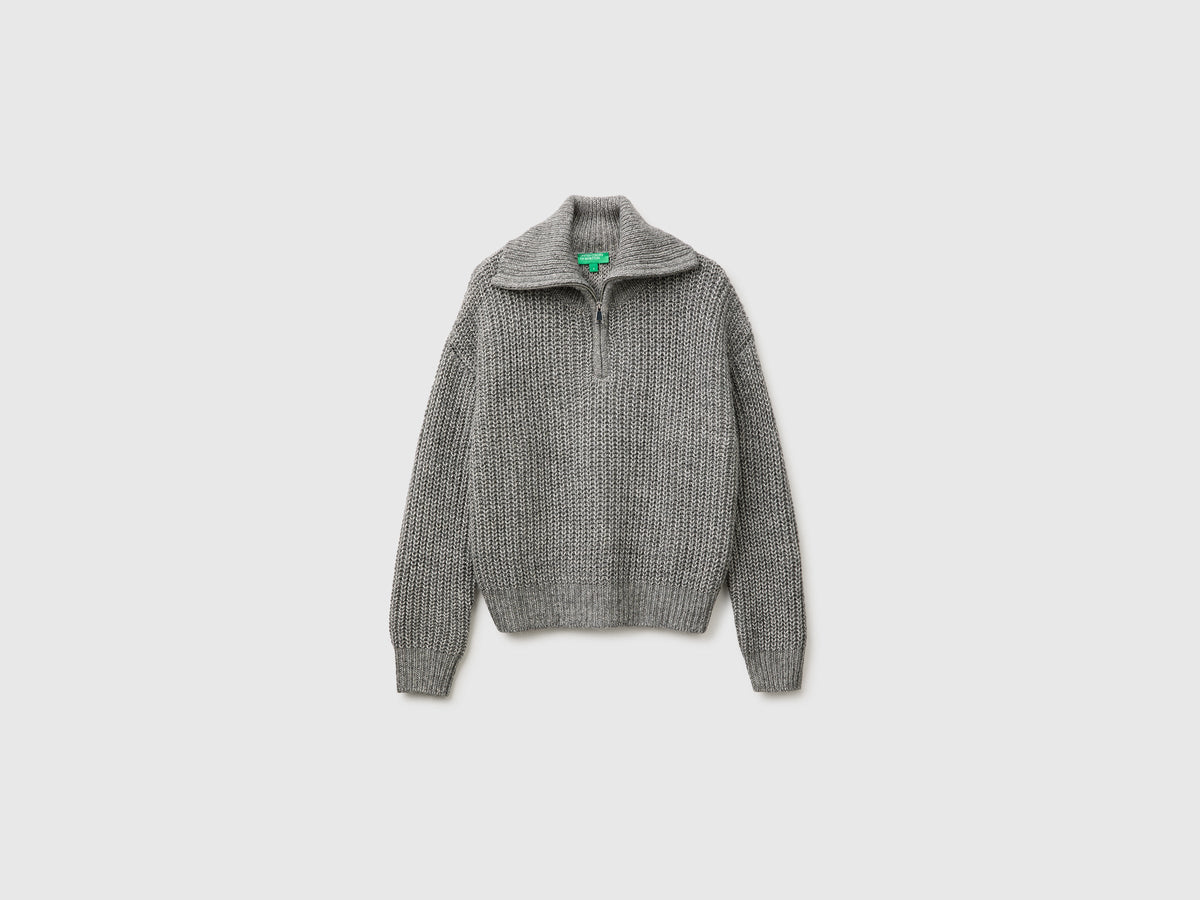 Maglia mélange con collo alto e mezza zip