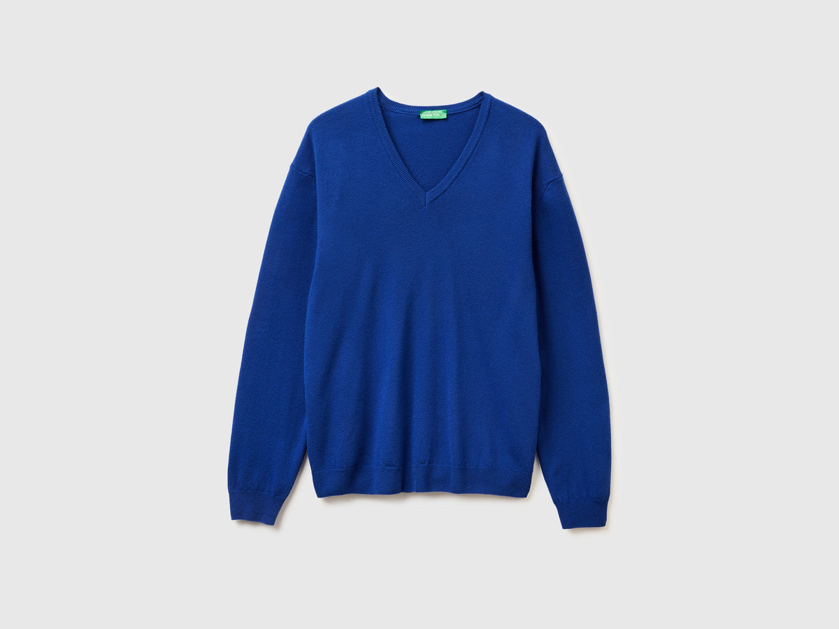 Maglia scollo a V bluette in pura lana Merino