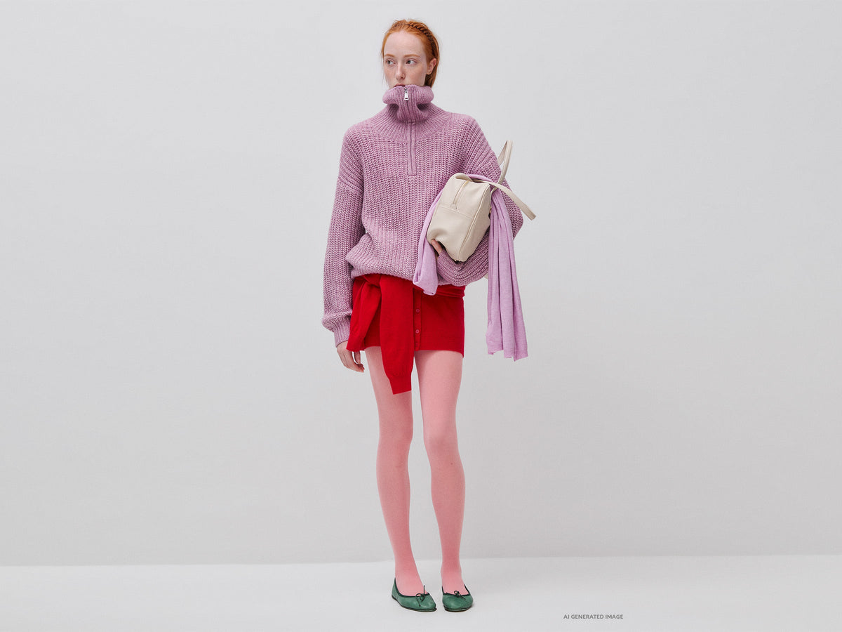 Maglia mélange con collo alto e mezza zip
