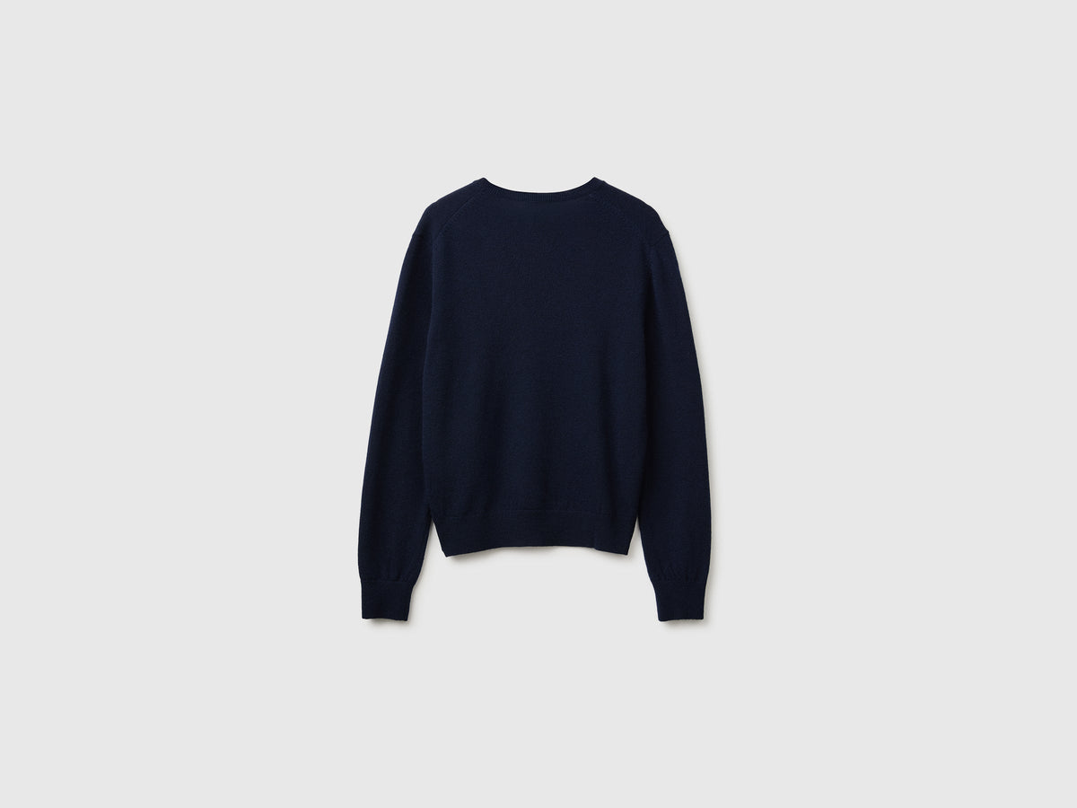 Maglia scollo a V blu in pura lana Merino