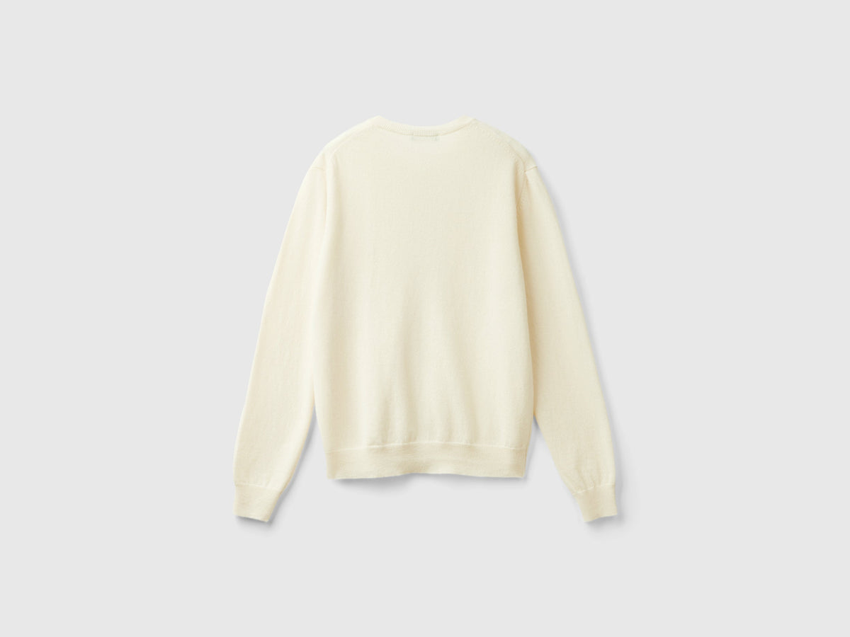 Cardigan girocollo panna in pura lana Merino