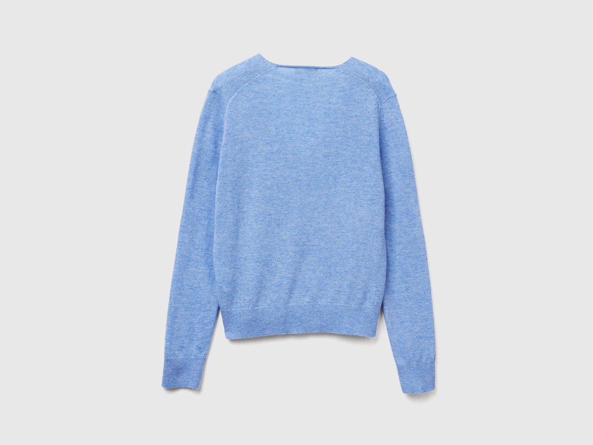 Maglione azzurro con scollo a V in pura lana Merino