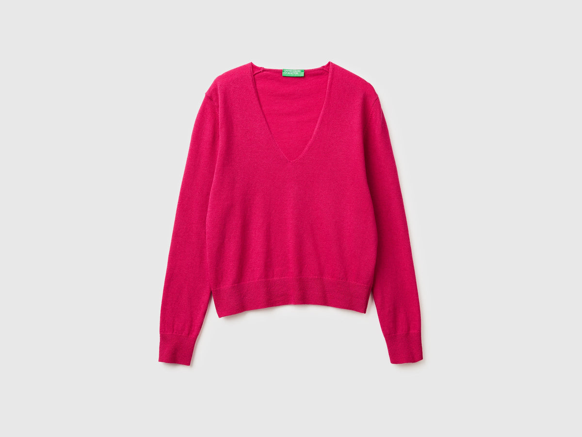 Maglione fucsia con scollo a V in pura lana Merino