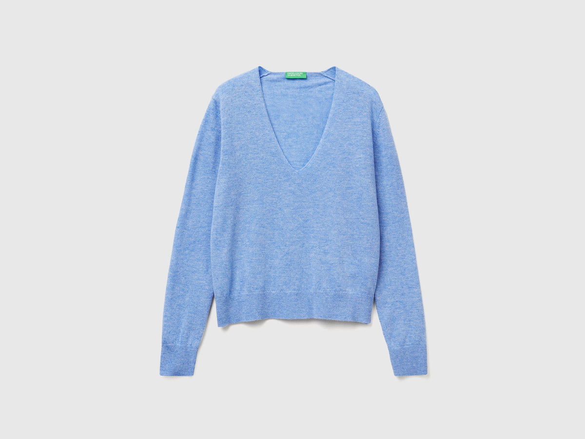 Maglione azzurro con scollo a V in pura lana Merino