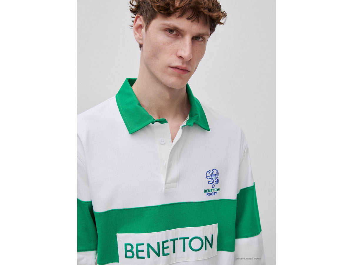 Polo bianca e verde Benetton Rugby 100% cotone