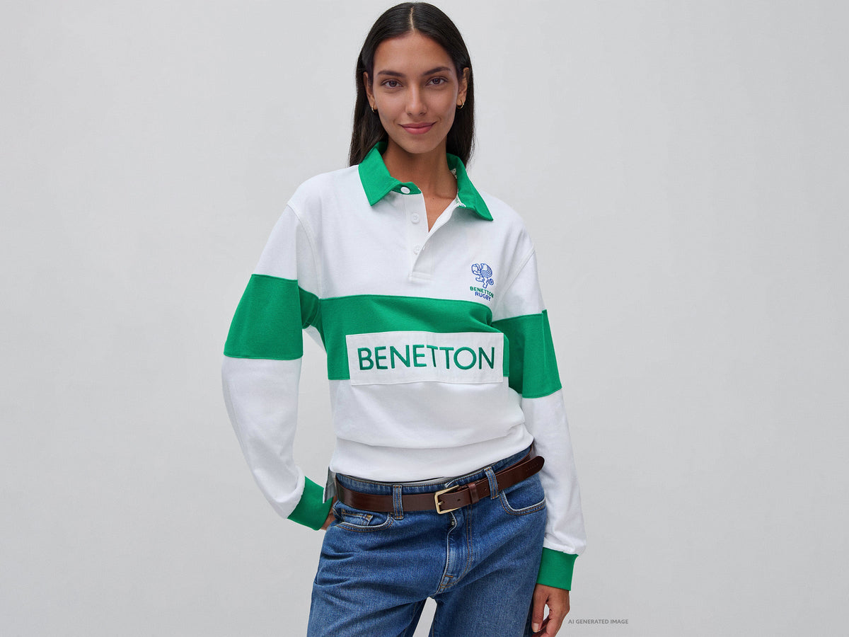 Polo bianca e verde Benetton Rugby 100% cotone