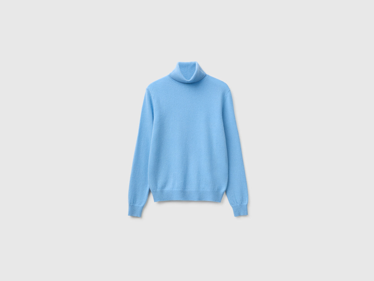 Maglione dolcevita azzurro in pura lana Merino