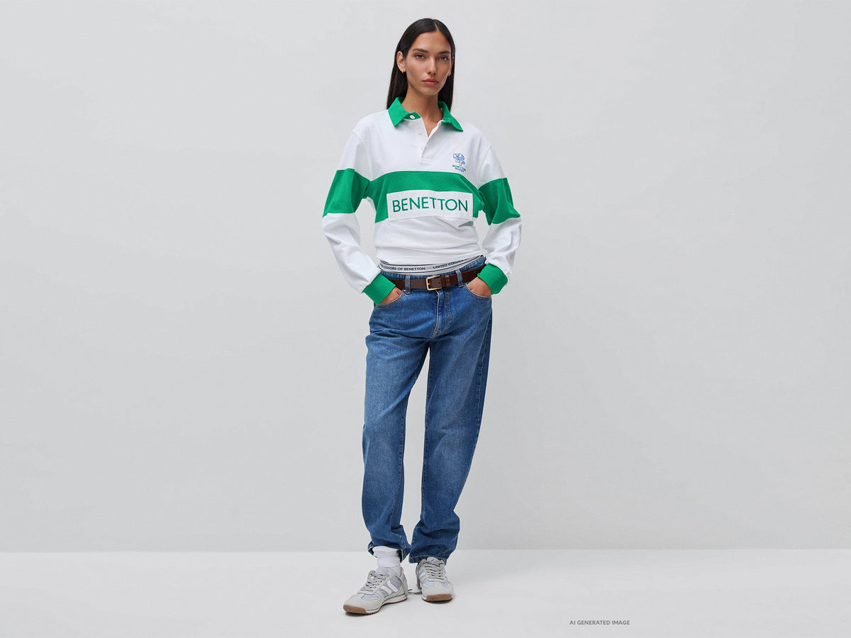 Polo bianca e verde Benetton Rugby 100% cotone