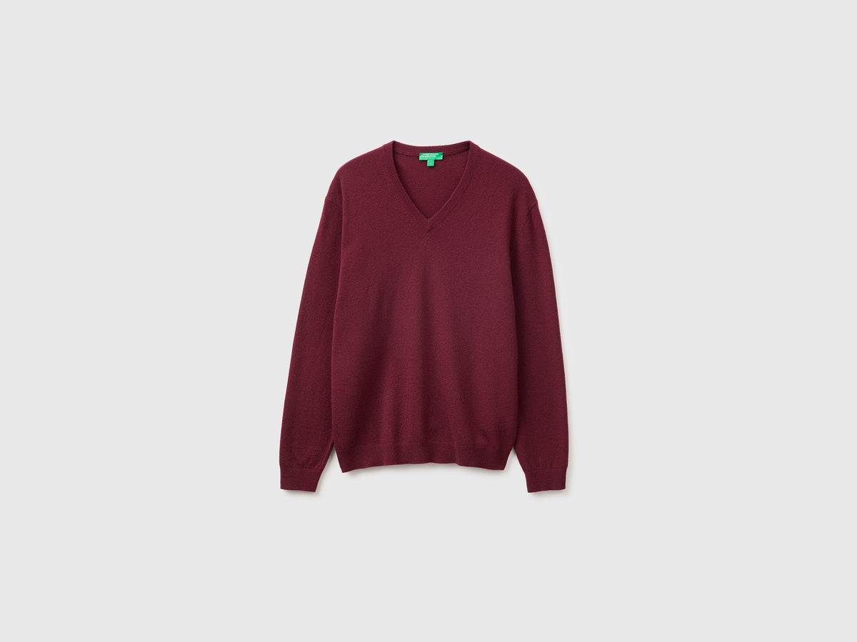 Maglia scollo a V bordeaux in pura lana Merino