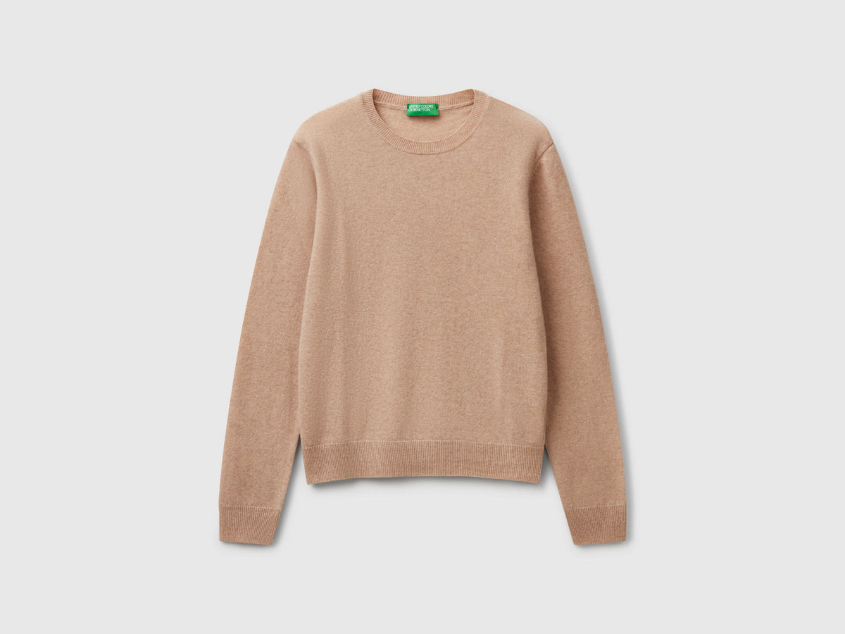 Maglia girocollo beige in pura lana Merino