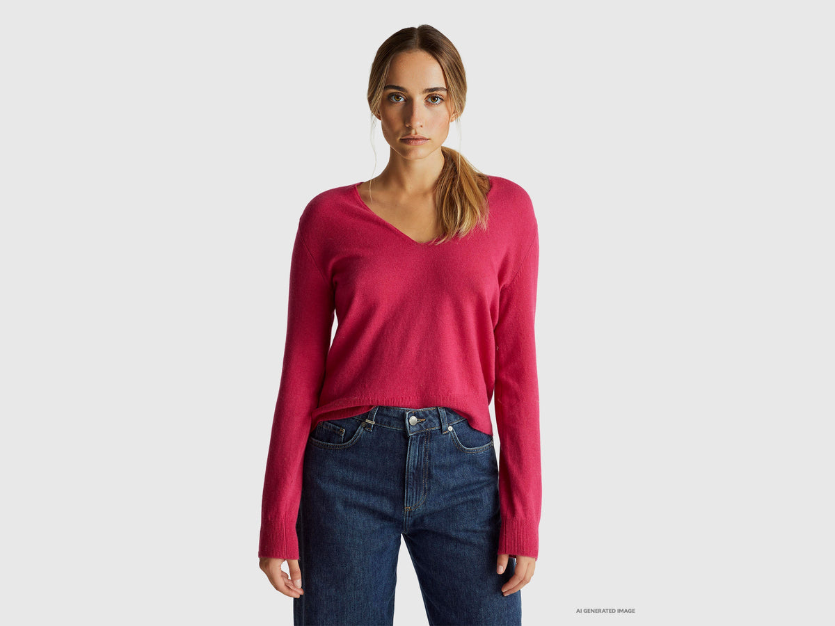 Maglione fucsia con scollo a V in pura lana Merino