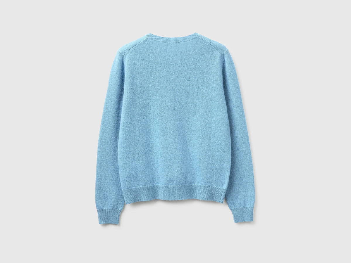 Cardigan girocollo celeste in pura lana Merino