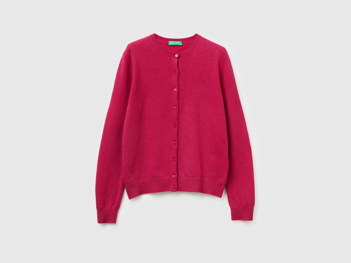 Cardigan girocollo fucsia in pura lana Merino