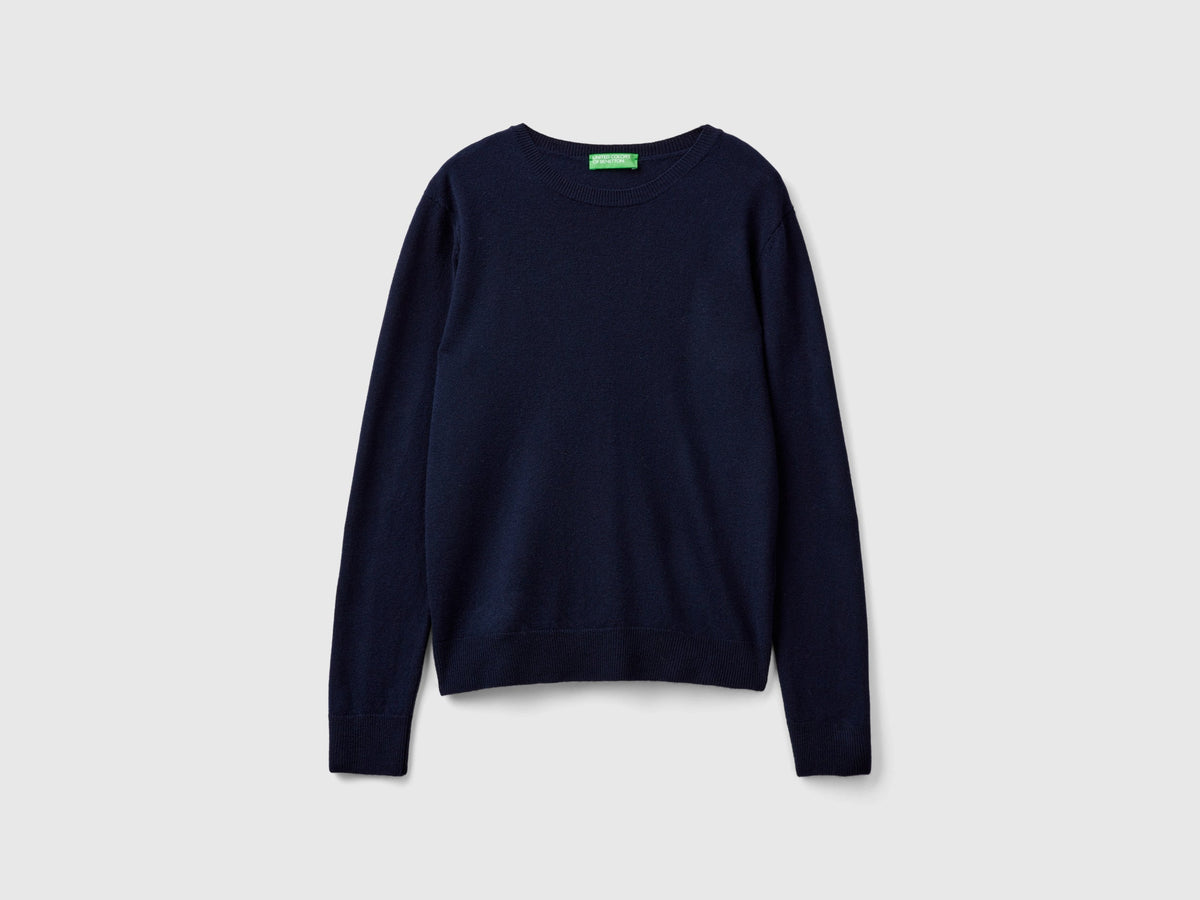 Maglia girocollo blu scuro in pura lana Merino