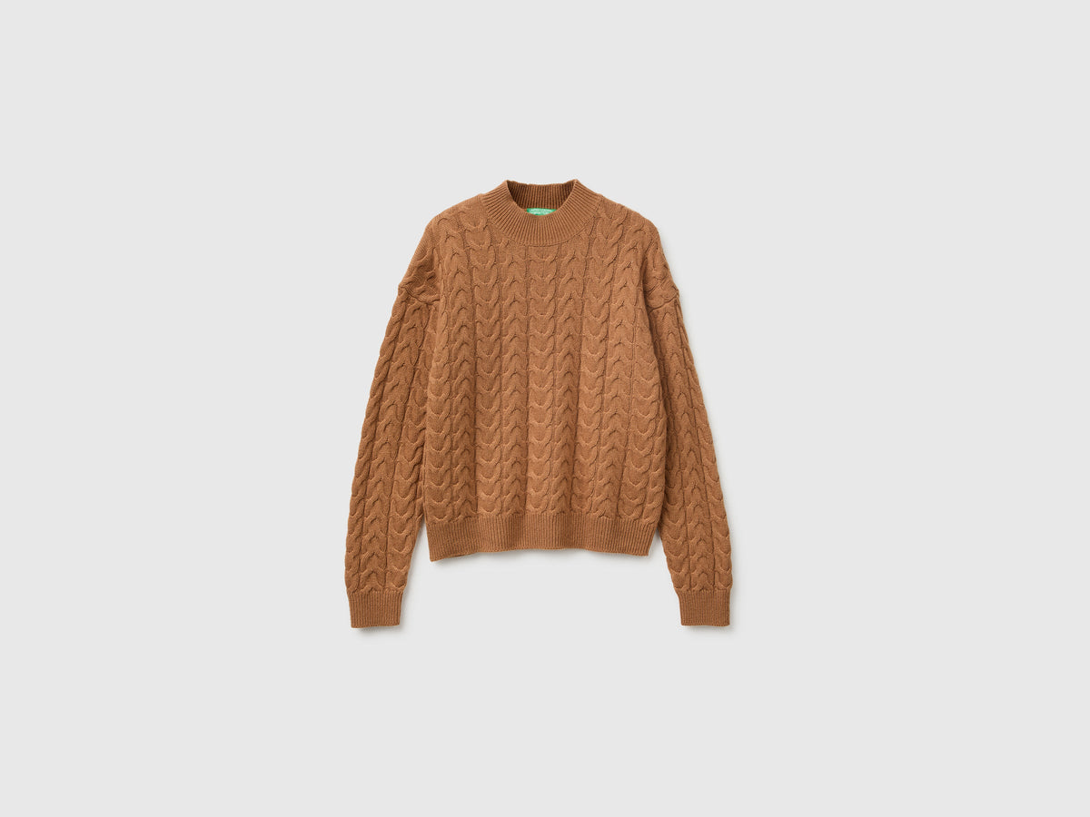 Maglione lupetto con trecce in misto lana e cashmere