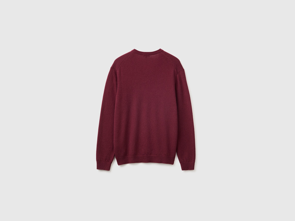 Maglia scollo a V bordeaux in pura lana Merino