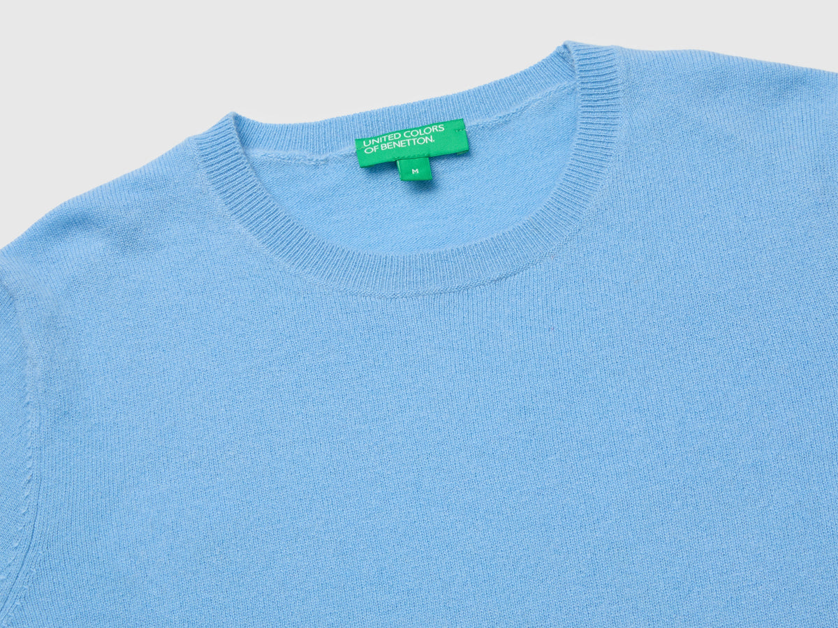 Maglia girocollo azzurra in pura lana Merino