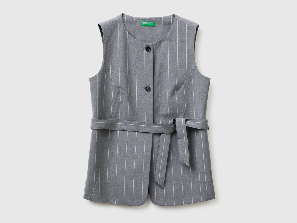 Gilet lungo gessato con cintura