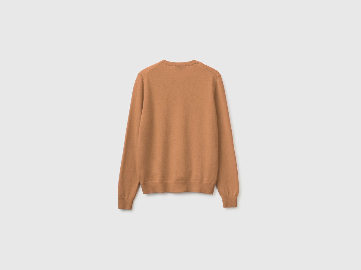Cardigan girocollo cammello in pura lana Merino