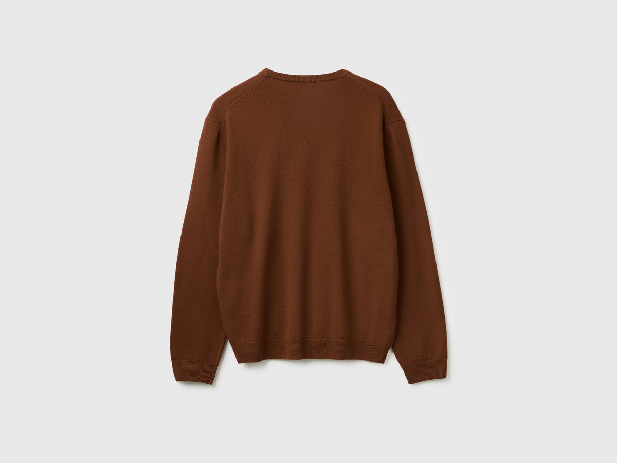 Maglia girocollo marrone scuro in pura lana Merino