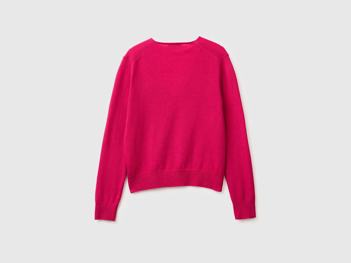 Maglione fucsia con scollo a V in pura lana Merino