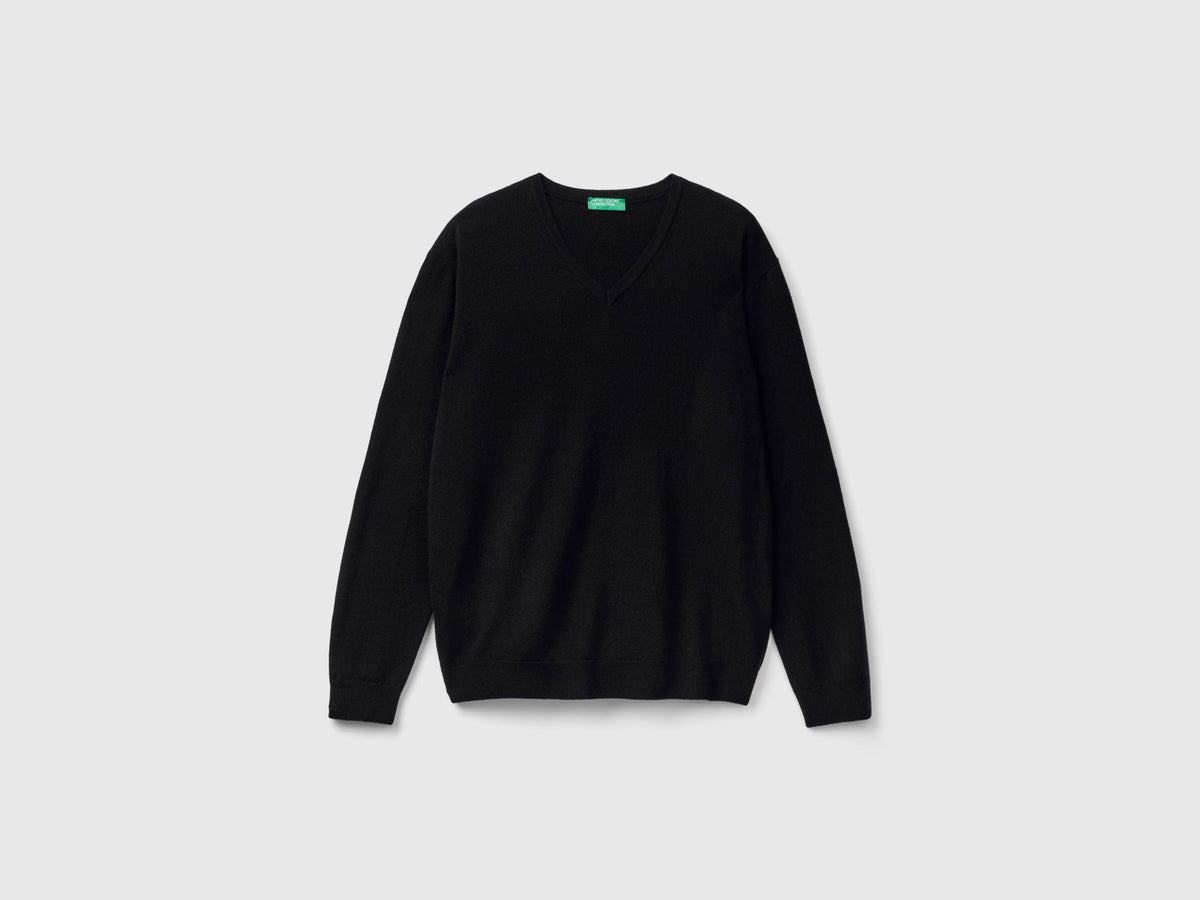 Maglia scollo a V nera in pura lana Merino