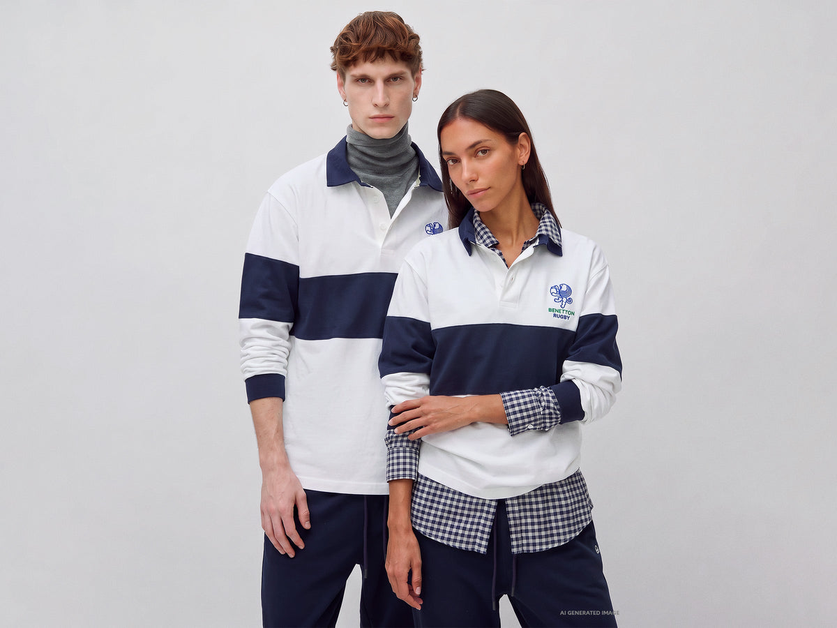 Polo bianca e blu Benetton Rugby 100% cotone