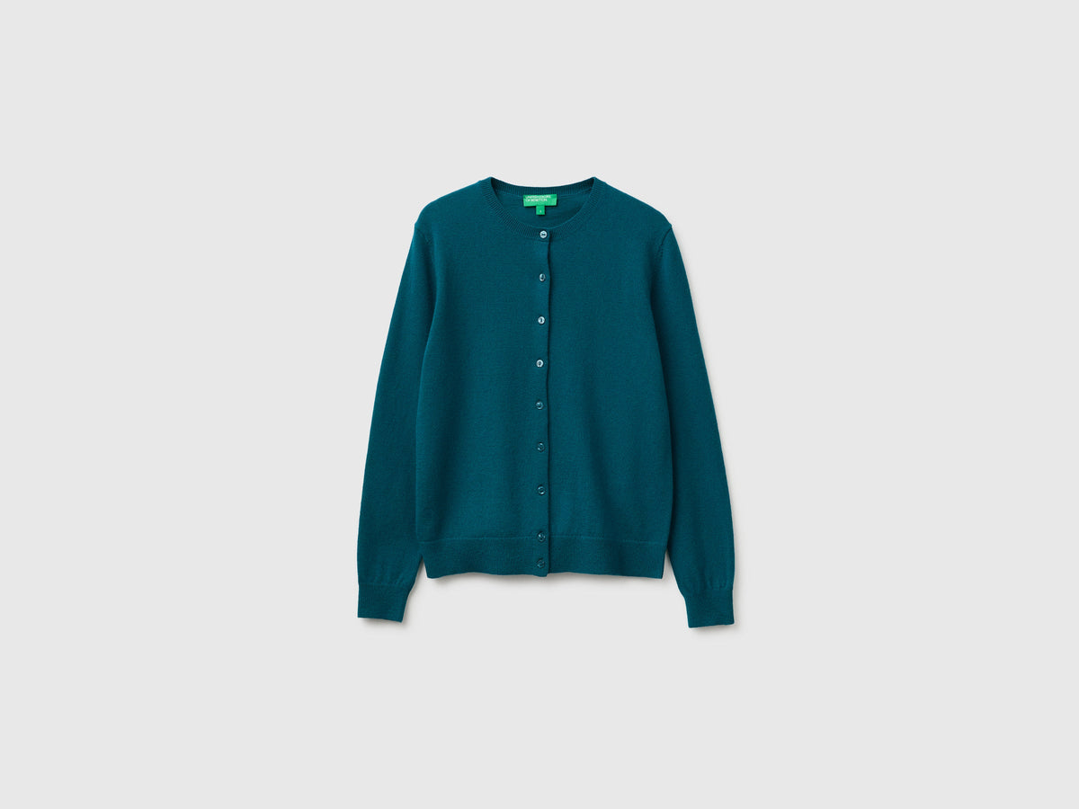 Cardigan girocollo ottanio in pura lana Merino