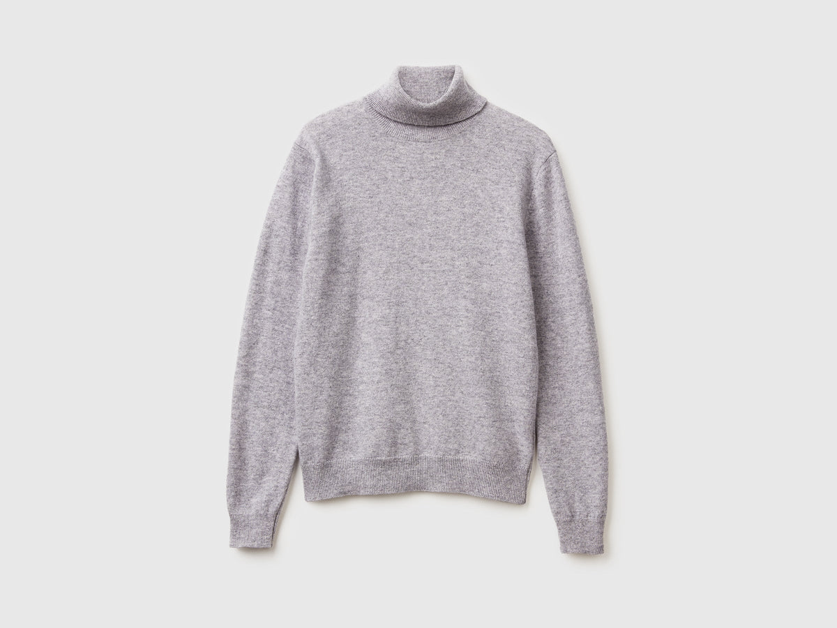 Maglione dolcevita grigio mélange in pura lana Merino