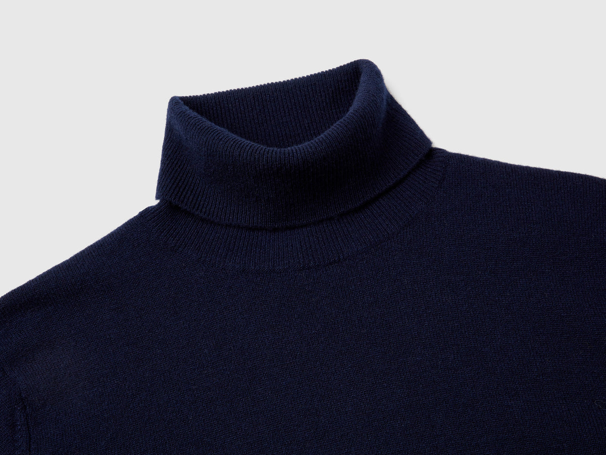 Maglione dolcevita blu scuro in pura lana Merino
