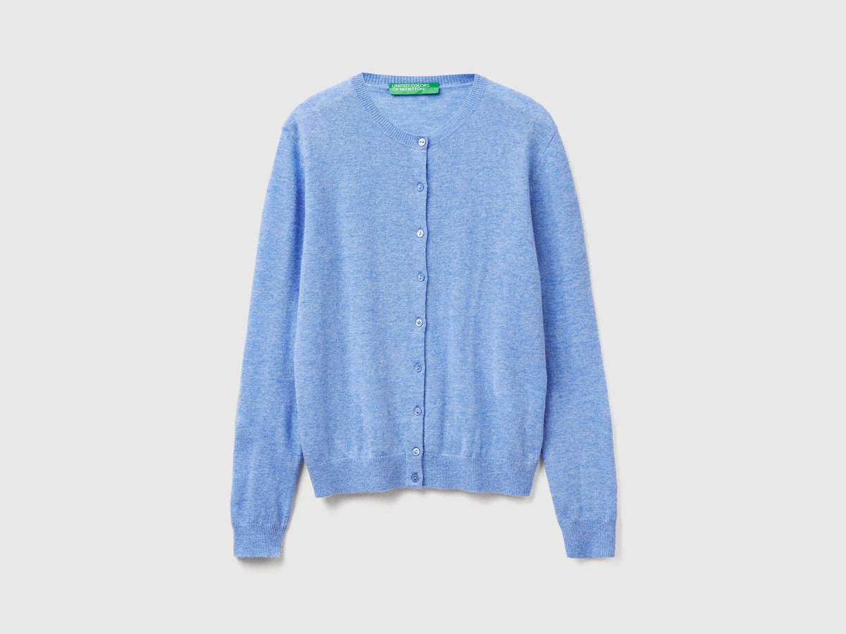 Cardigan girocollo azzurro in pura lana Merino