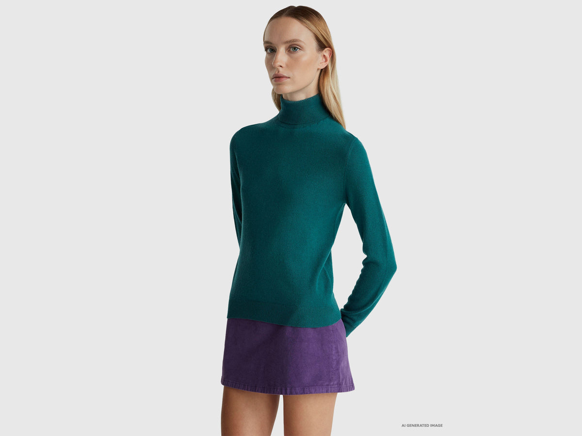 Maglione dolcevita verde in pura lana Merino