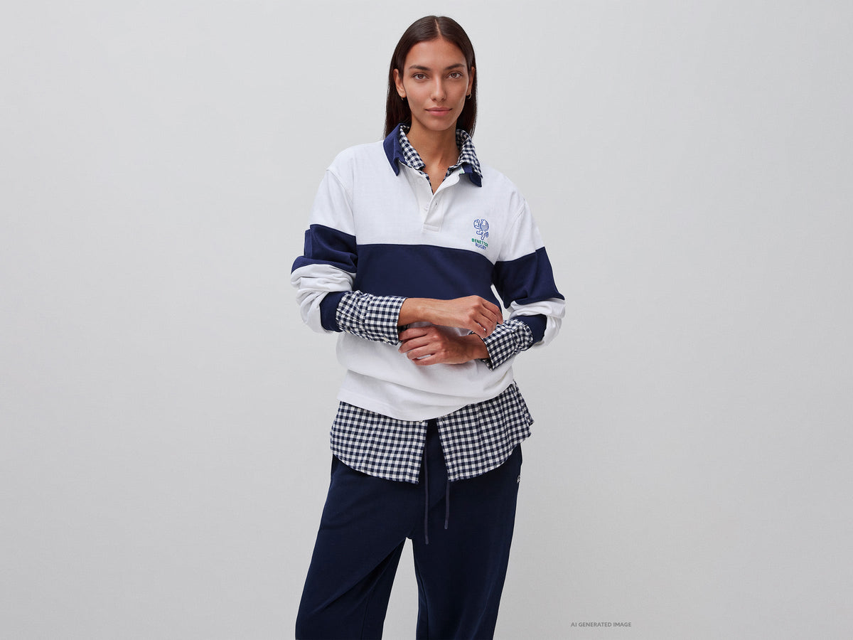 Polo bianca e blu Benetton Rugby 100% cotone
