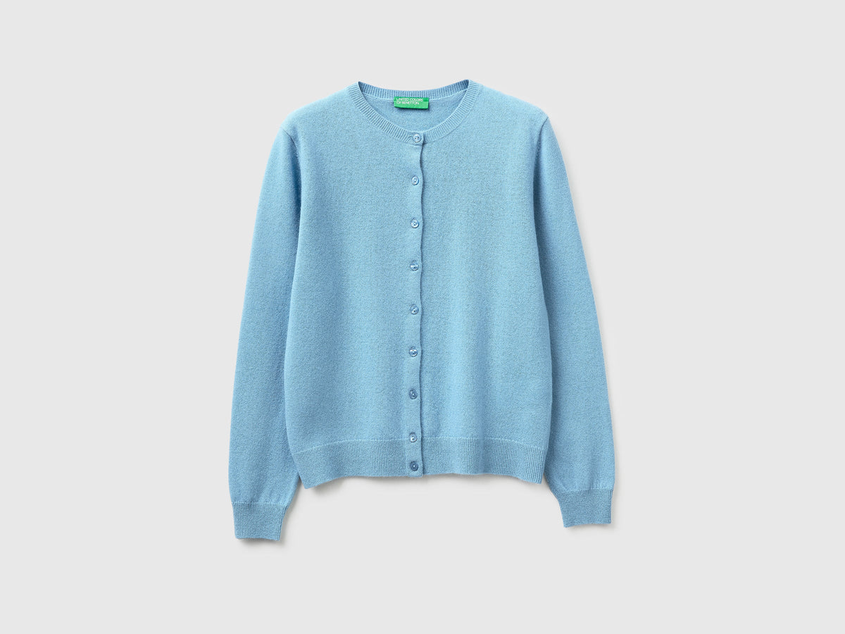 Cardigan girocollo celeste in pura lana Merino