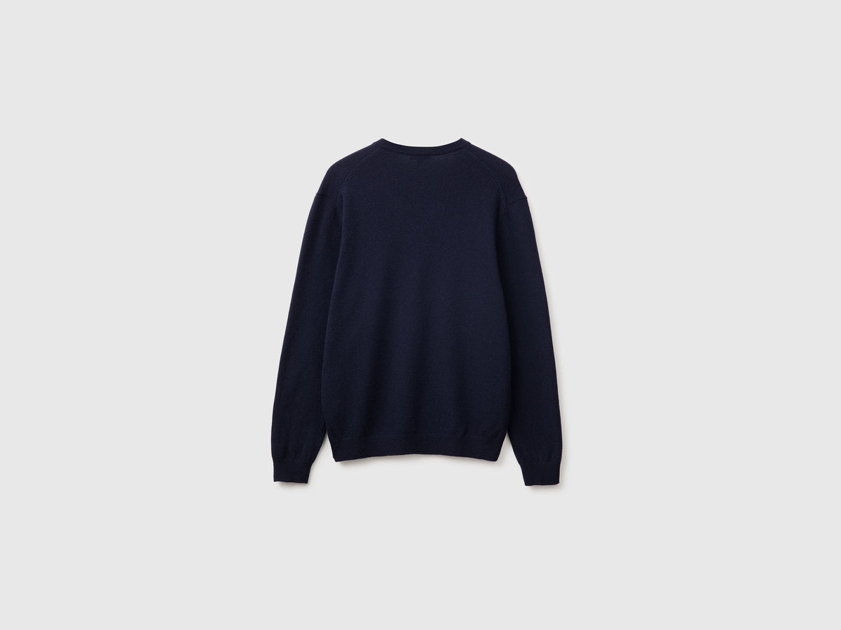 Maglia scollo a V blu notte in pura lana Merino